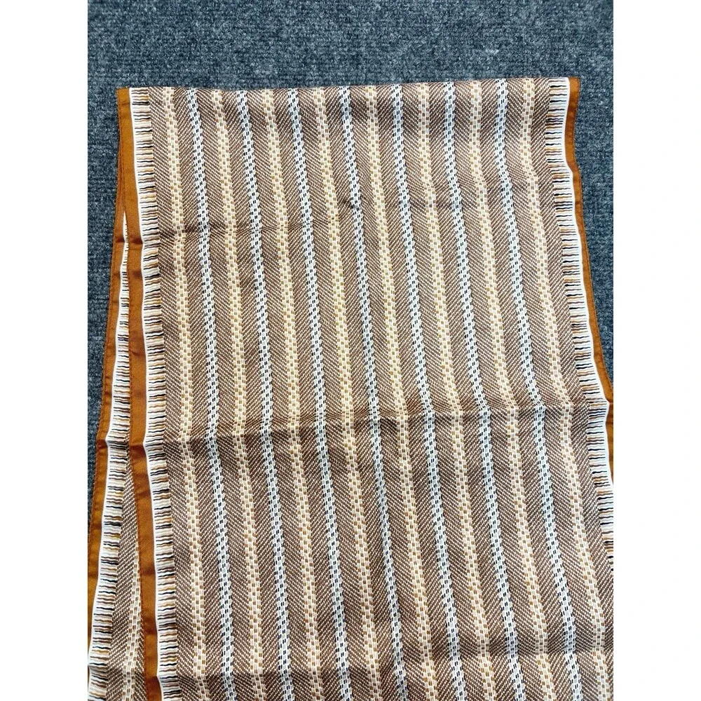 Vintage John Weitz Unisex Designer Scarf Brown Geometric Retro Satin Mod Art
